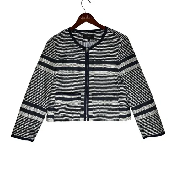 J. Crew Women's Long Sleeve Striped Full Zip up Tweed Jacket Blue/White Size 10 - Picture 3 of 7